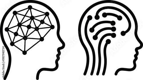Two distinct abstract representations of artificial intelligence and neural network concepts within human head silhouettes