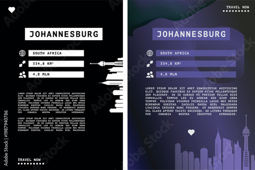 Johannesburg, South Africa vector infographics, brochure layout set. Guide, leaflet, flyer, graphic templates with text, information, data, city skyline shape. Mock up, copy space images series