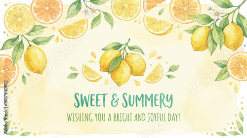 Sweet & Summery Citrus Fruits Border with Lemons and Oranges, Bright Joyful Day