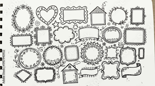 Hand-drawn doodle frames and borders: hearts, houses, flowers, stars, clouds, banners