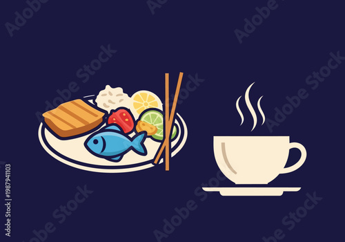 A colorful plate of breakfast items paired with a steaming cup of coffee