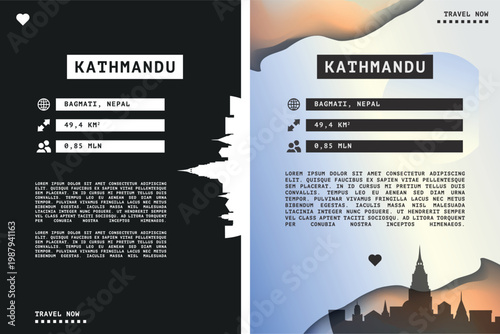 Kathmandu, Nepal vector infographics, brochure layout set. Guide, leaflet, flyer, graphic templates with text, information, data, city skyline shape. Mock up, copy space images series