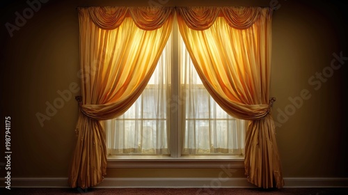 Elegant golden curtains draped over a window capturing warm sunlight with soft folds and rich textures in a cozy room