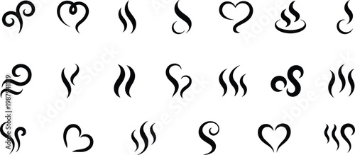 Abstract flame and steam swirl icons collection, heat wave symbols and decorative curves set isolated on white background for design