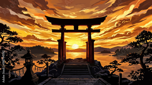 Torii Gate at Sunset Over Water, Japanese Landscape, Scenic View