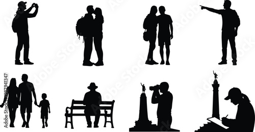 Collection of people silhouettes showing couples, family, tourists and daily activities including photography, walking, pointing, sketching and relaxing isolated on white background