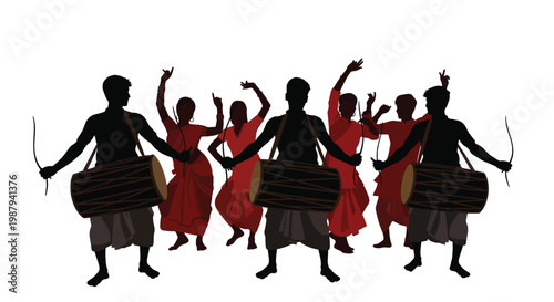 Silhouette of a traditional indian drumming and dancing performance group