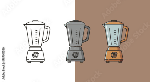 A stylistic depiction of a blender in three variations outlined grayscale and colored