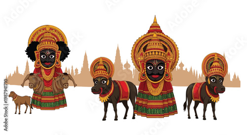 Theyyam performance art featuring masked figures and ritualistic animal companions