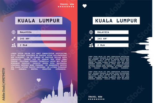 Kuala Lumpur, Malaysia vector infographics, brochure layout set. Guide, leaflet, flyer, graphic templates with text, information, data, city skyline shape. Mock up, copy space images series