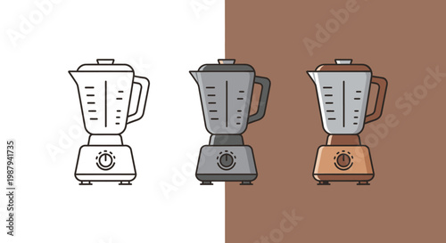 Three variations of a kitchen blender are presented showcasing different color schemes and outlines