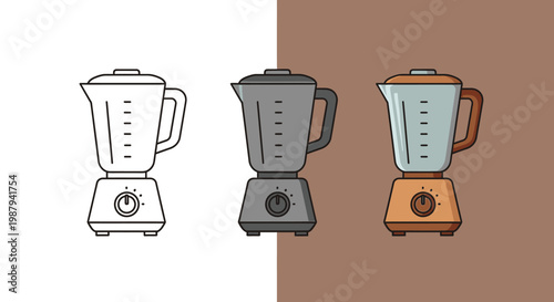 A trio of blenders are depicted an outline a dark version and a colored rendition