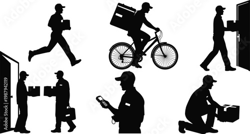 .Silhouette collection of professional delivery couriers providing fast shipping services, carrying parcels, riding bicycle, and handing packages to customers