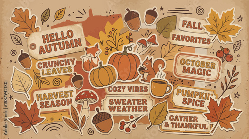 Autumn Fall Season Elements Collection: Pumpkins, Leaves, Acorns, Fox, Squirrel, Cozy Vibes