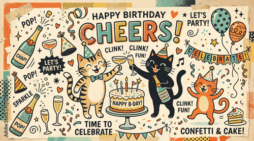 Happy Birthday Cats Party Celebration with Champagne, Cake, Balloons & Confetti