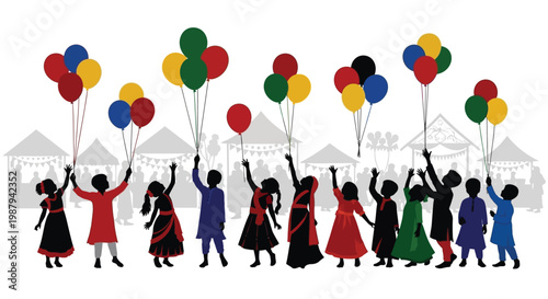 Children celebrating with colorful balloons and a festive tent background