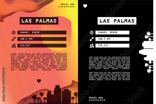 Las Palmas, Spain vector infographics, brochure layout set. Guide, leaflet, flyer, graphic templates with text, information, data, city skyline shape. Mock up, copy space images series