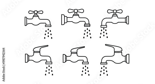 A minimalist illustration depicts six black faucets with water droplets flowing from each spout