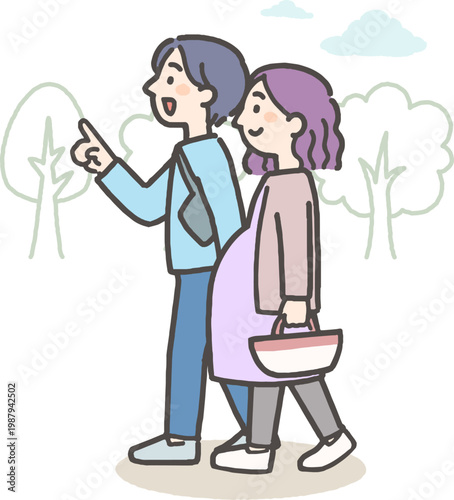 自然豊かな風景の中をお出かけする妊娠中の女性とパートナーの若い夫婦