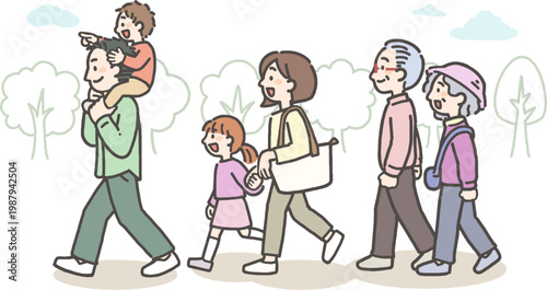 自然豊かな風景の中をお出かけする三世代家族