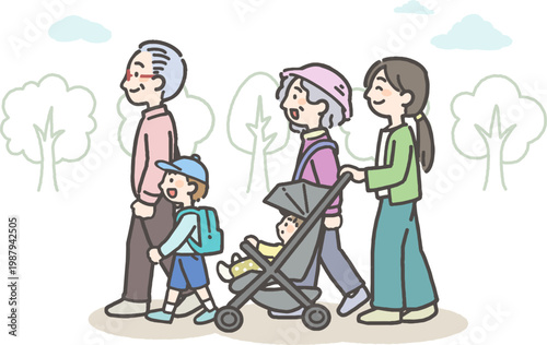 自然豊かな風景の中で赤ちゃんが乗ったベビーカーを押すお母さんと、老夫婦と子ども