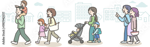 都会の町を歩いている若い世代のファミリー・家族