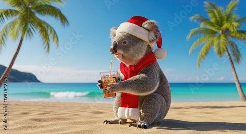 Koala Wearing Santa Hat on Tropical Beach