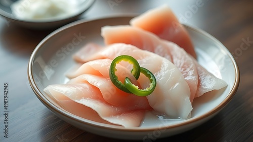 hyperboloid. A ceramic plate with fresh sashimi slices, garnished with green chili rings, minimalist presentation. menu design.