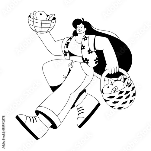A glyph style illustration showing a character carrying oranges bucket

