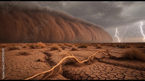 A colossal dust storm, illuminated by multiple lightning strikes, engulfs a parched desert, creating a breathtaking and ominous display of nature's formidable power and extreme weather conditions