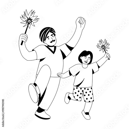 A glyph style illustration showing a character lighting sparklers
