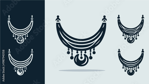 Elegant Traditional Tribal Necklace Silhouette Icon Set with Pendant and Beads, Dark and Light Background Vector Illustration Collection