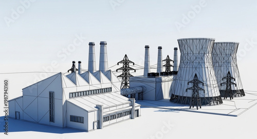 Industrial power plant complex with cooling towers and chimneys in a snowy landscape.