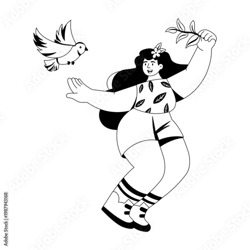 A glyph style illustration depicting a character with symbolic bird
