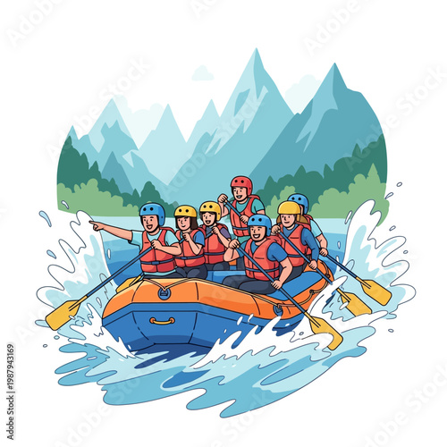 Group Rafting Adventure on Raging River with Mountain Scenery