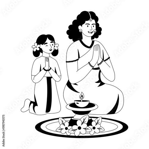 A glyph style illustration depicting characters performing diwali prayers


