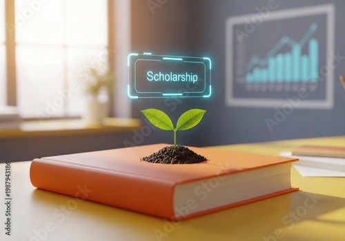 Concept of educational growth with a green sprout growing from a book and a digital scholarship hologram.