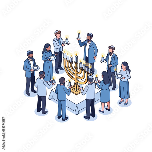 Jewish Family Celebrating Hanukkah Lighting Menorah Candles Together