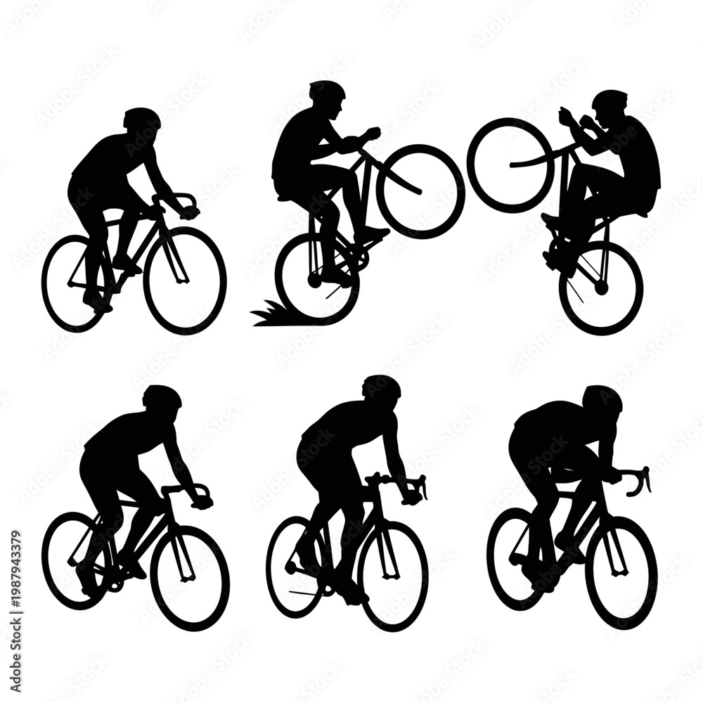 Obraz premium Silhouettes of cyclists riding bicycles.