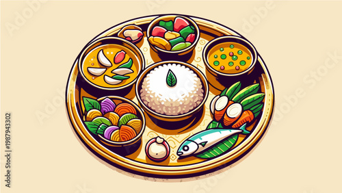 Traditional Indian Thali Platter with Steamed Rice, Curry, Vegetables, and Fresh Fish, Colorful Cartoon Vector Illustration