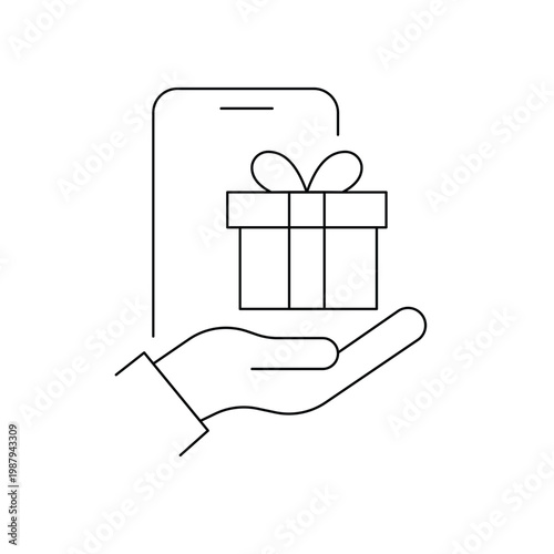 Mobile gift icon with a hand holding a smartphone and a present box for online rewards.Editable stroke, Vector illustration, Line art Icon, Symbols.