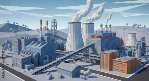 Industrial Power Plant with Cooling Towers and Smoke Stacks.