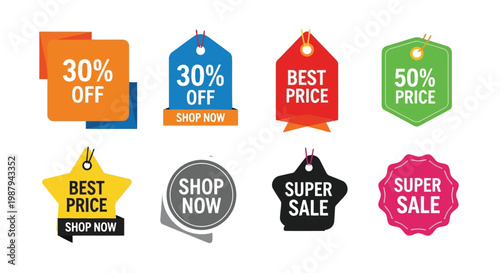 Colorful promotional sale badges and discount tags for shopping campaigns