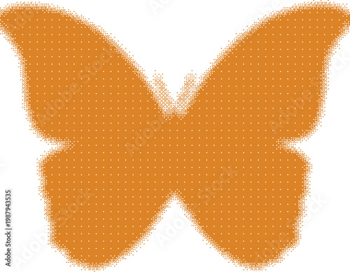 Orange butterfly silhouette with stippled texture, grainy halftone insect vector, dotted orange butterfly icon for nature and summer design