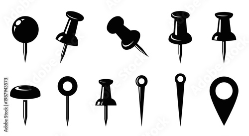 Collection of Black Push Pins and Map Markers Icons