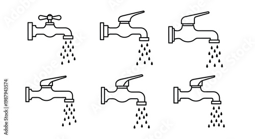 A series of six black and white line art illustrations depicting water faucets with dripping water