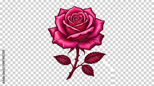 Vintage Pink Rose Illustration with Stem and Leaves, Retro Floral Art