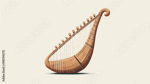 Ancient Egyptian Harp Flat Vector Illustration, Traditional Wooden String Musical Instrument on Beige Background