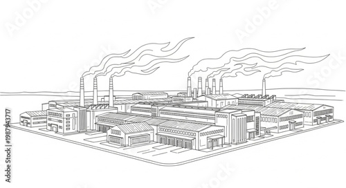 Industrial Cityscape with Smoke Stacks Emitting Pollution.