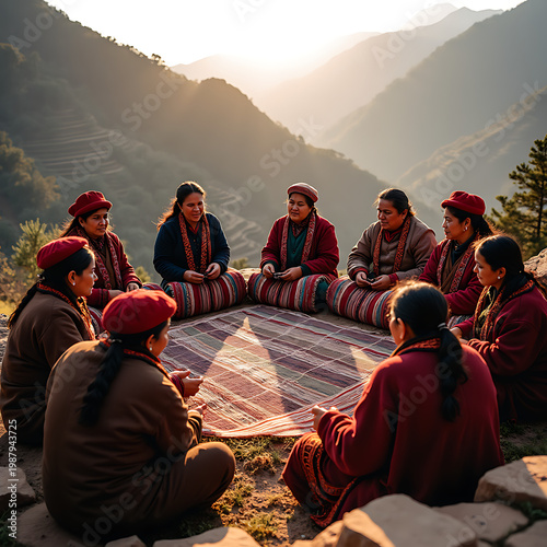Indigenous women gathering in circle on mountain top for textile work, cultural tradition.